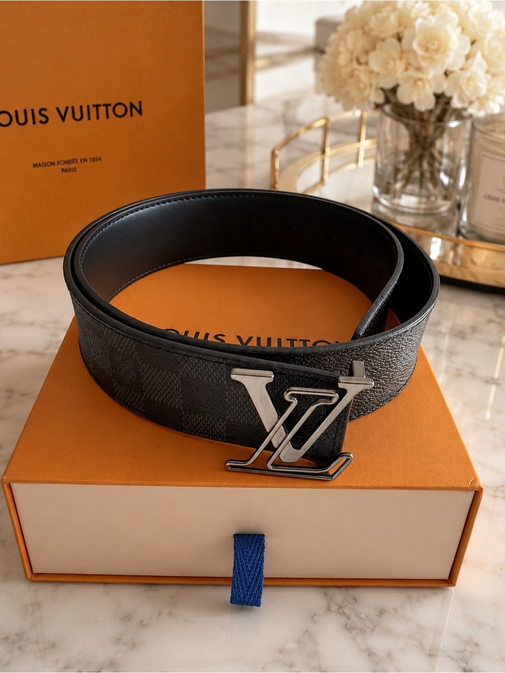 Authentic Louis Vuitton LV Initiales Damier Graphite Belt Men’s 80/32